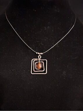 Signed Sterling Silver Wire Geometric Pendant Necklace with Brown Stone Sig